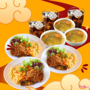 Combo 3 suất cơm chiên đùi gà mắm tỏi kèm súp gà và pepsi giá 199k