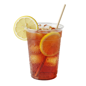 Ly trà Lipton đá chanh mát lạnh màu vàng hổ phách với túi lọc nhãn vàng